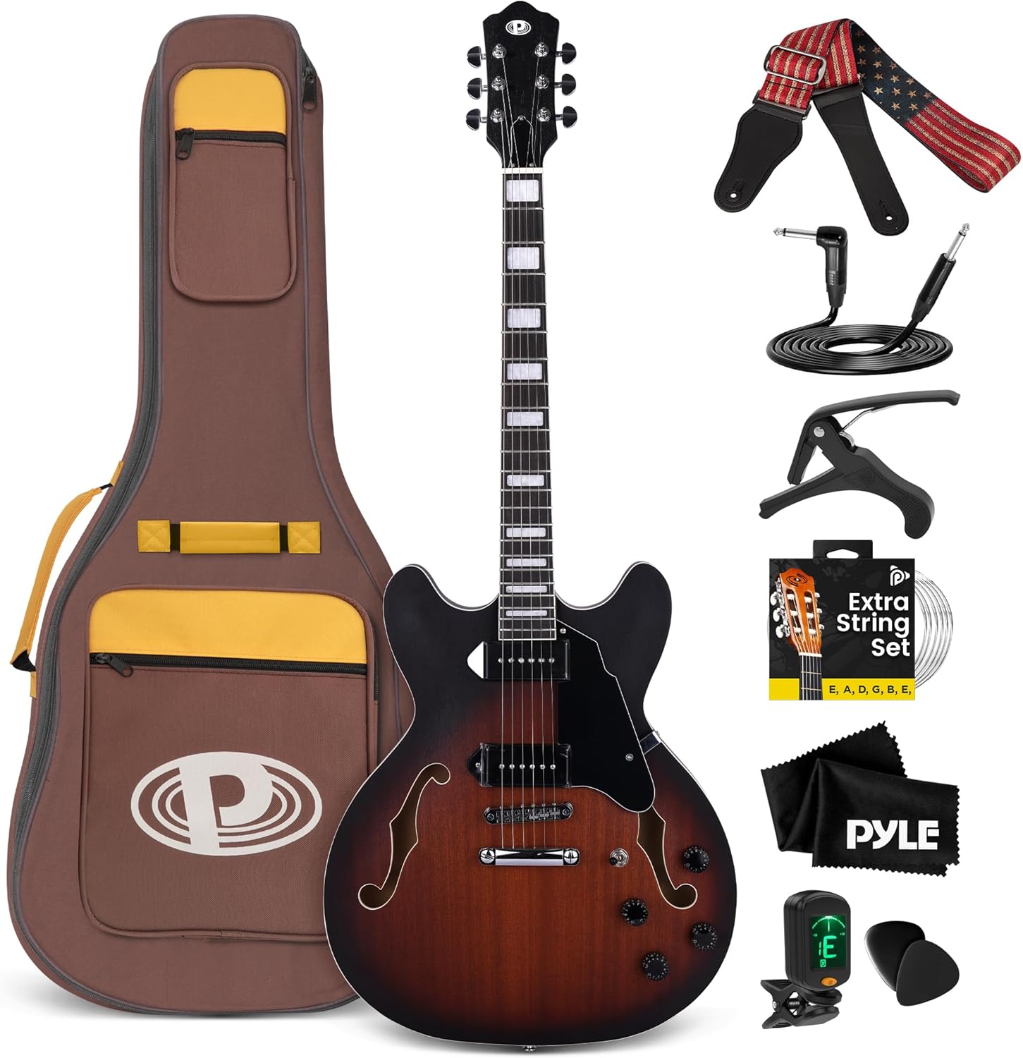 Pyle Semi Hollow Body Electric Guitar Set, 41.8