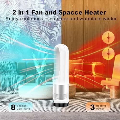 Bladeless Tower Fan, 1400W Space Heater & 40W Cooler Fan Combo with Remote, 80°Oscillation, 8 Speeds and 3 Heating Modes, 9H Timer, LED Display, Fast Safety Heat and Quiet for Bedroom, Kitchen, Office
