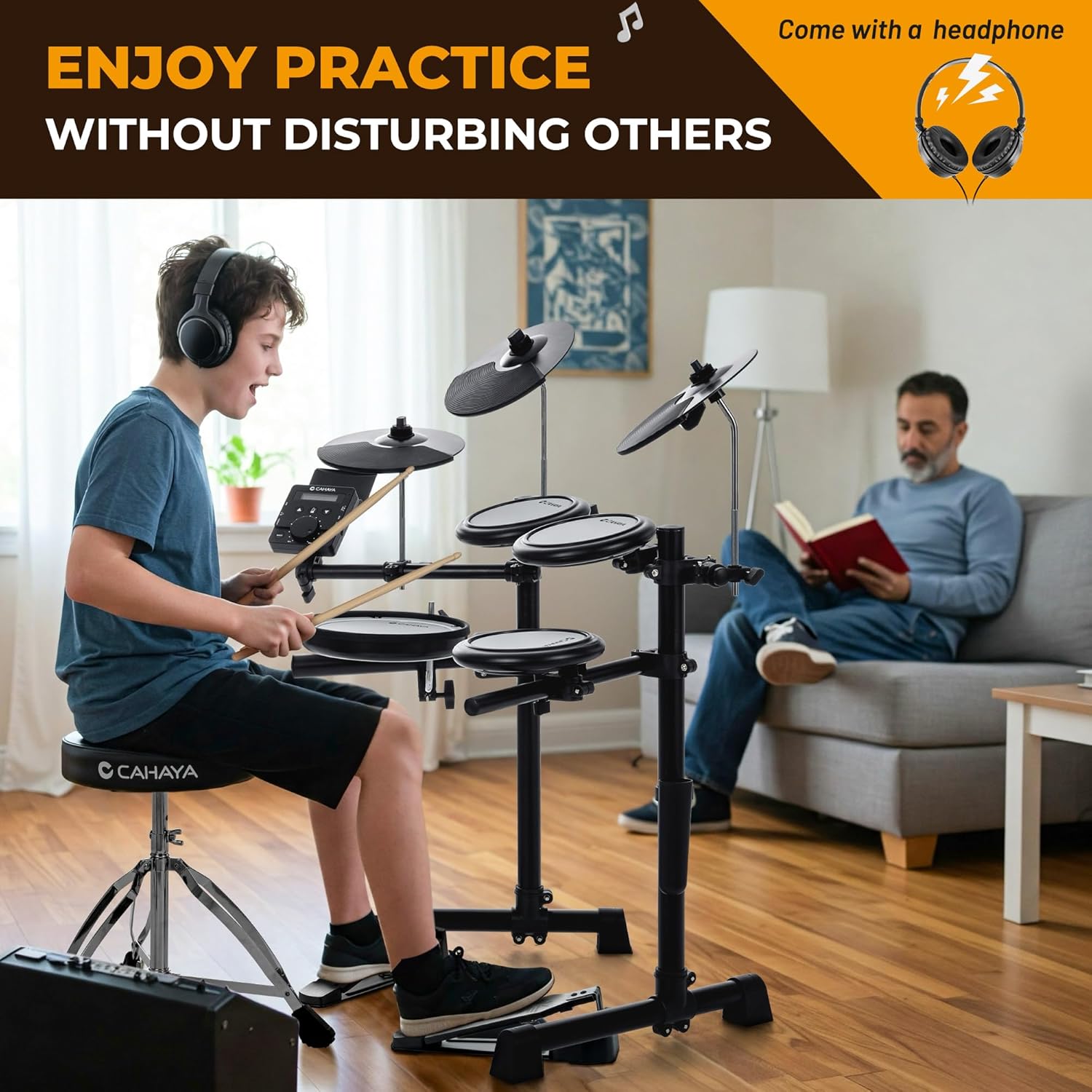 CAHAYA Electric Drum Set – Beginner Electronic Drum Kit for Kids & Adults, Portable Quiet Mesh Pads, 350 Sounds, 25 Kits, Headphones & Drum Throne, Ideal Xmas Gift