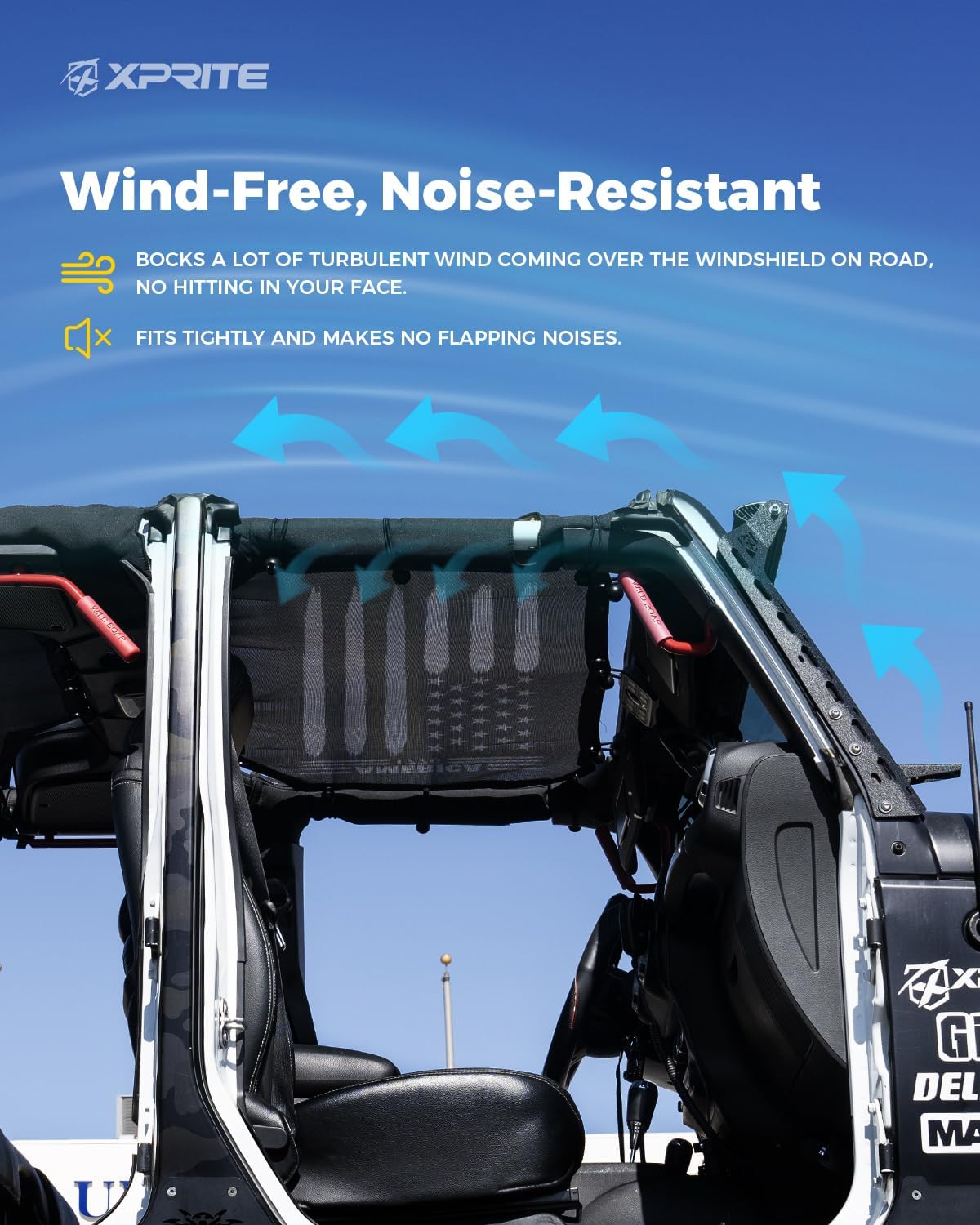 Xprite US Flag Sunshade for 2018-2025 Jeep Wrangler JL 4XE, 4-Door Front & Rear Sun Shade Mesh Top, 2PCS UV/Wind/Noise Blocker, Bikini Top Cover for Off-Road Jeep Accessories