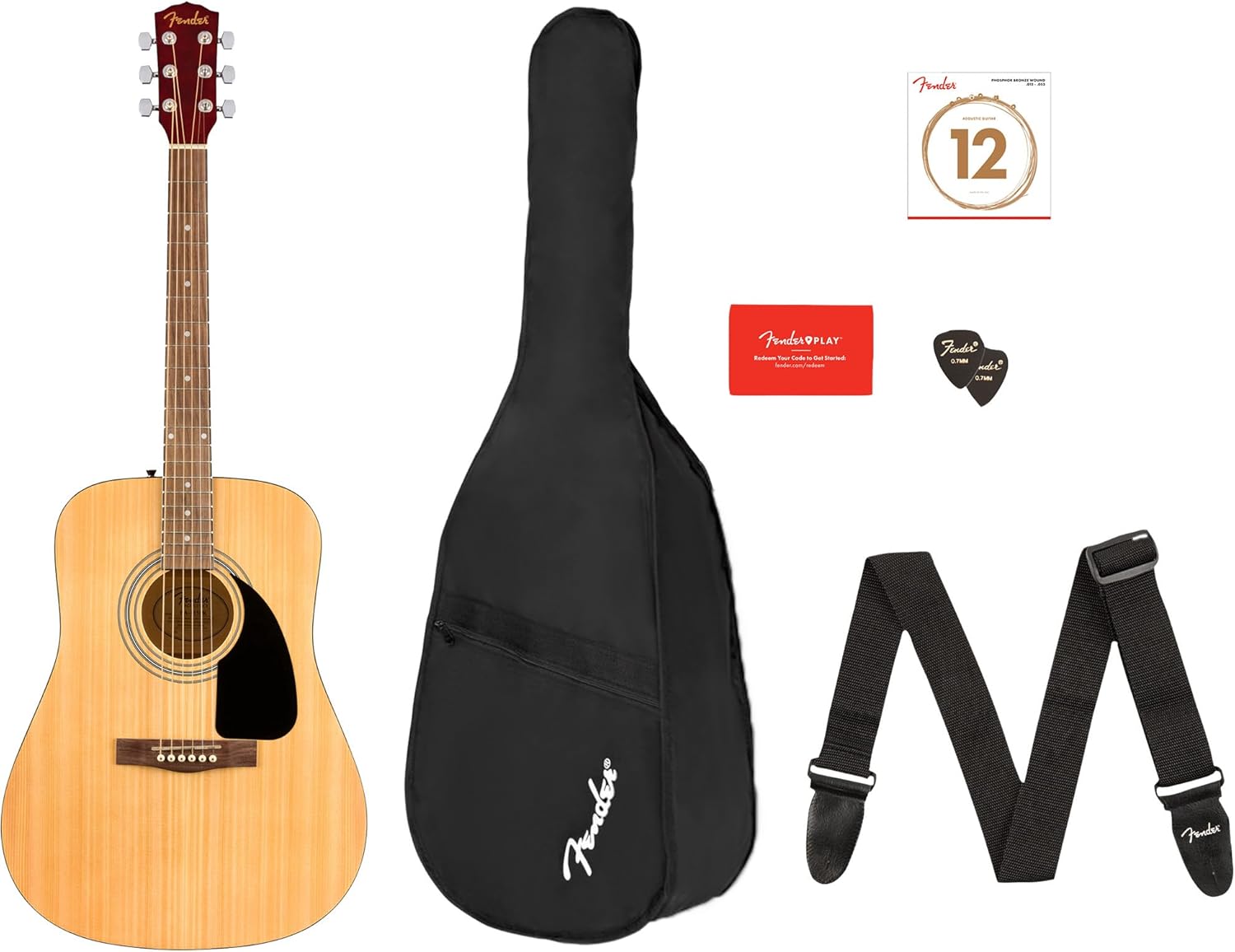 Fender FA-115 Dreadnought Acoustic Guitar - Natural Bundle with Gig Bag, Tuner, Strap, Strings, Picks, Fender Play Online Lessons, and Austin Bazaar Instructional DVD
