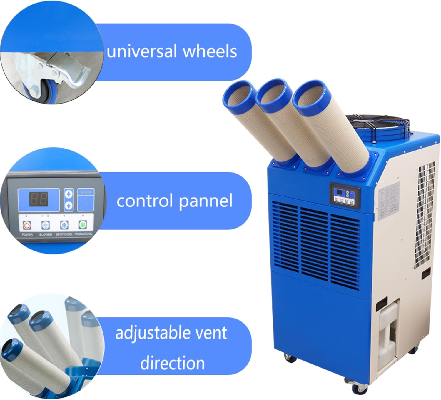 220VIndustrial Portable Air Conditioner Air Flow 910m³/h with Wheels 14L Tank Three Tube 2400W Commercial Spot Cooler Adjustable Outlet Ideal for Insititute Workshops Outdoor Events