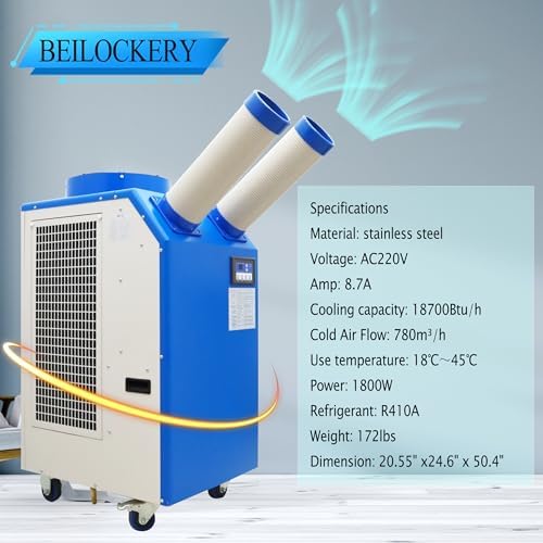 Industrial Portable Air Conditioner with Wheels 14L Large Tank Commercial Spot Cooler Adjustable Air Outlet Ideal for Hospitals Workshops Outdoor Events 220V 1.8KW