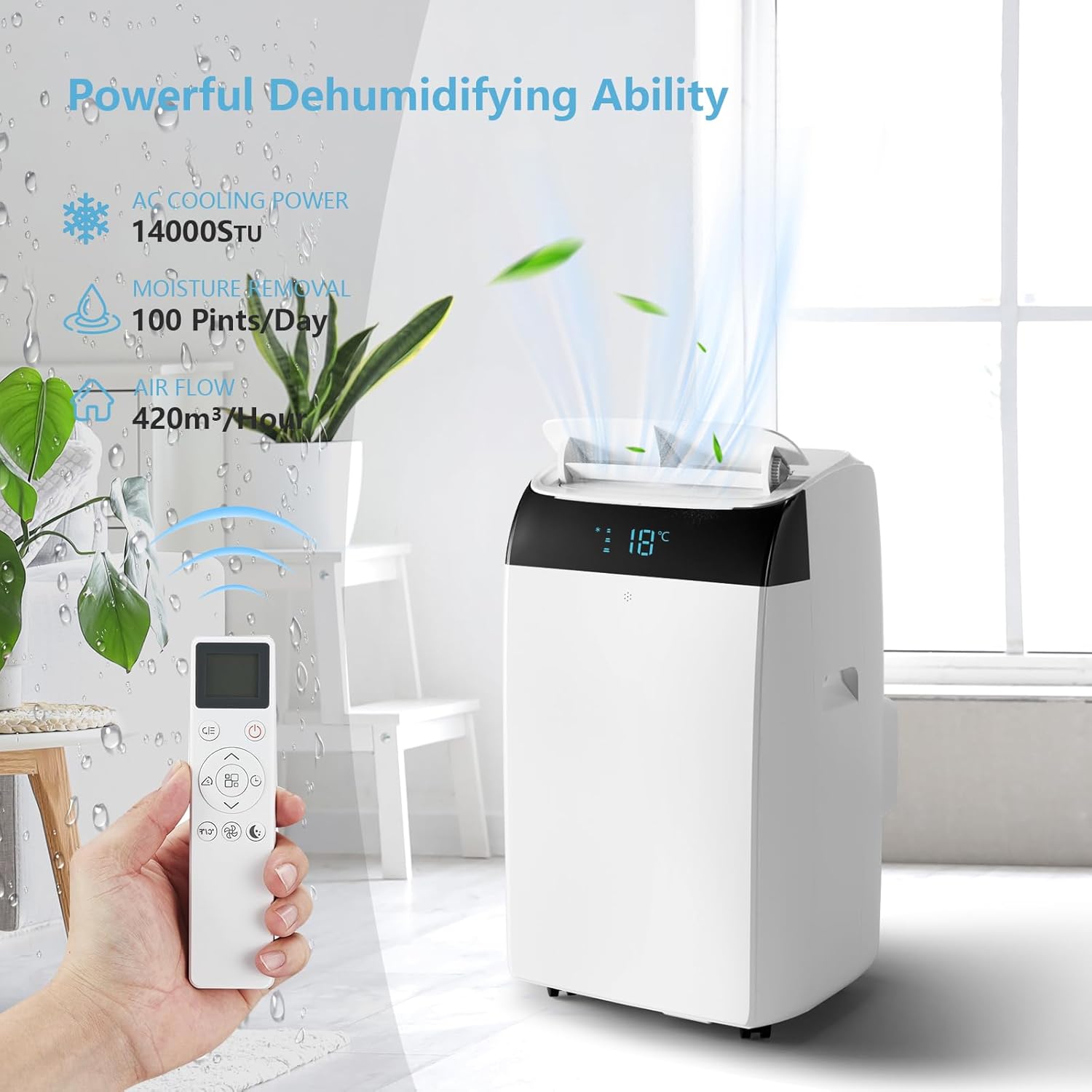 14,000Btu Portable Air Conditioner - Cools Up to 750 Sq.Ft,3-in-1 with Dehumidifier & Fan, Energy Efficient, Ultra-Quiet, Remote Timer Control for Home, Office, School