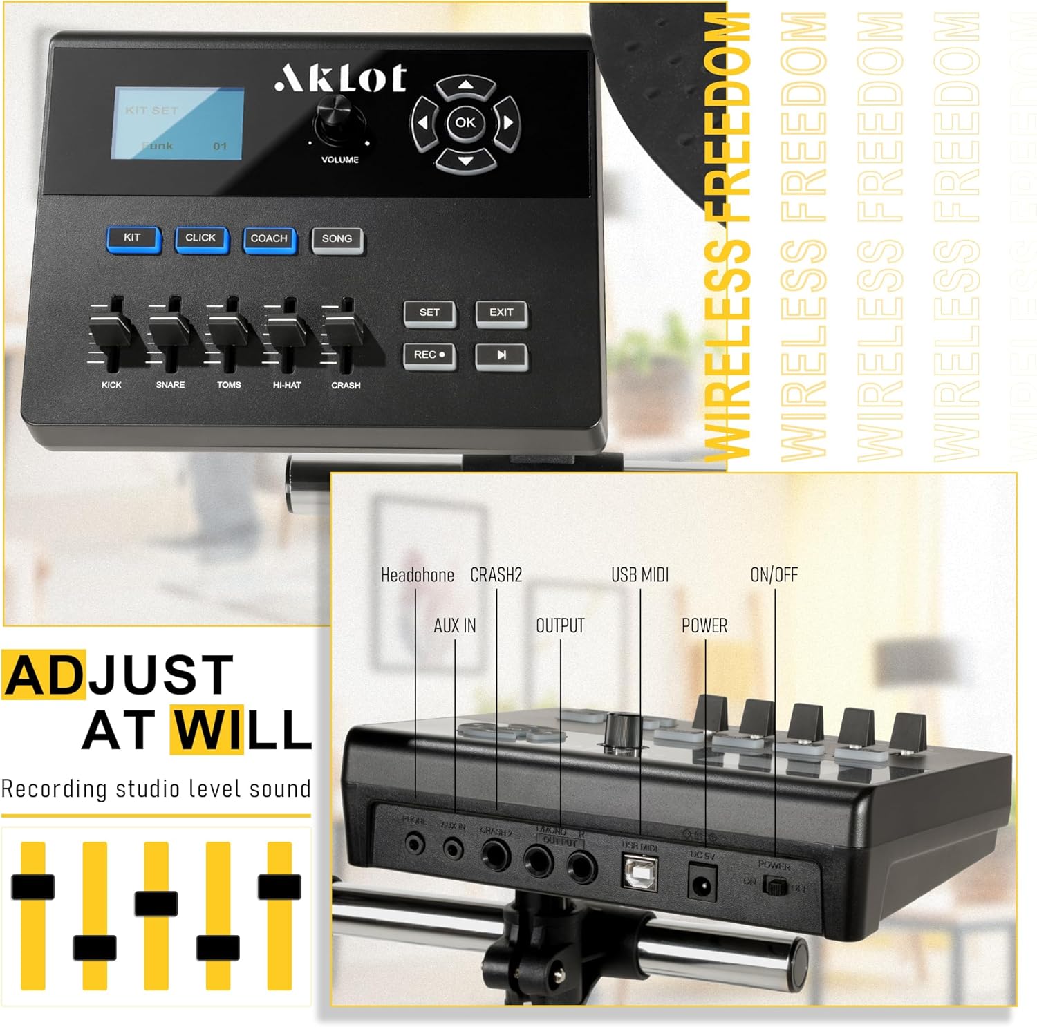 AKLOT Fully-Expandable Electric Drum Set: Independent Stand System, 12