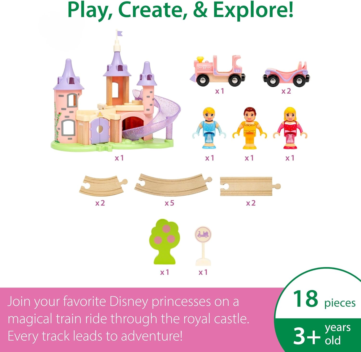 BRIO World Disney Princess Castle Set - 18-Piece FSC-Certified Wood Train Set and Accessories - Includes Moveable Classic Disney Princess Figurines, Castle, Tracks & More - Kids Ages 3 & Up