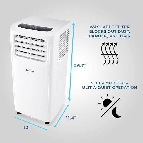 Ivation 9000 BTU Compact Portable Air Conditioner, Smallest AC Unit with Powerful Cooling, Multi-Speed Fan, Dehumidifier, Sleep Mode, Built-In Timer, Remote Control, Washable Filter, Wheels & Handle