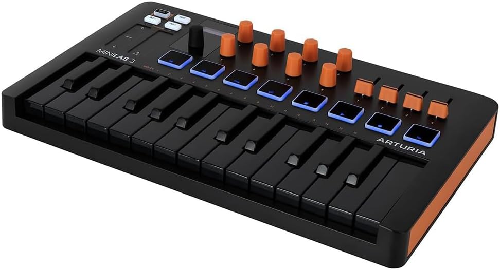 Arturia MiniLab 3 25 SlimKey Controller Bundle with 3ft Pig Hog MIDI Cable & Polishing Cloth– Orange, USB-MIDI Keyboard, 8 RGB Pads, 8 Encoders, Faders, DAW Integration, Software for Music Production