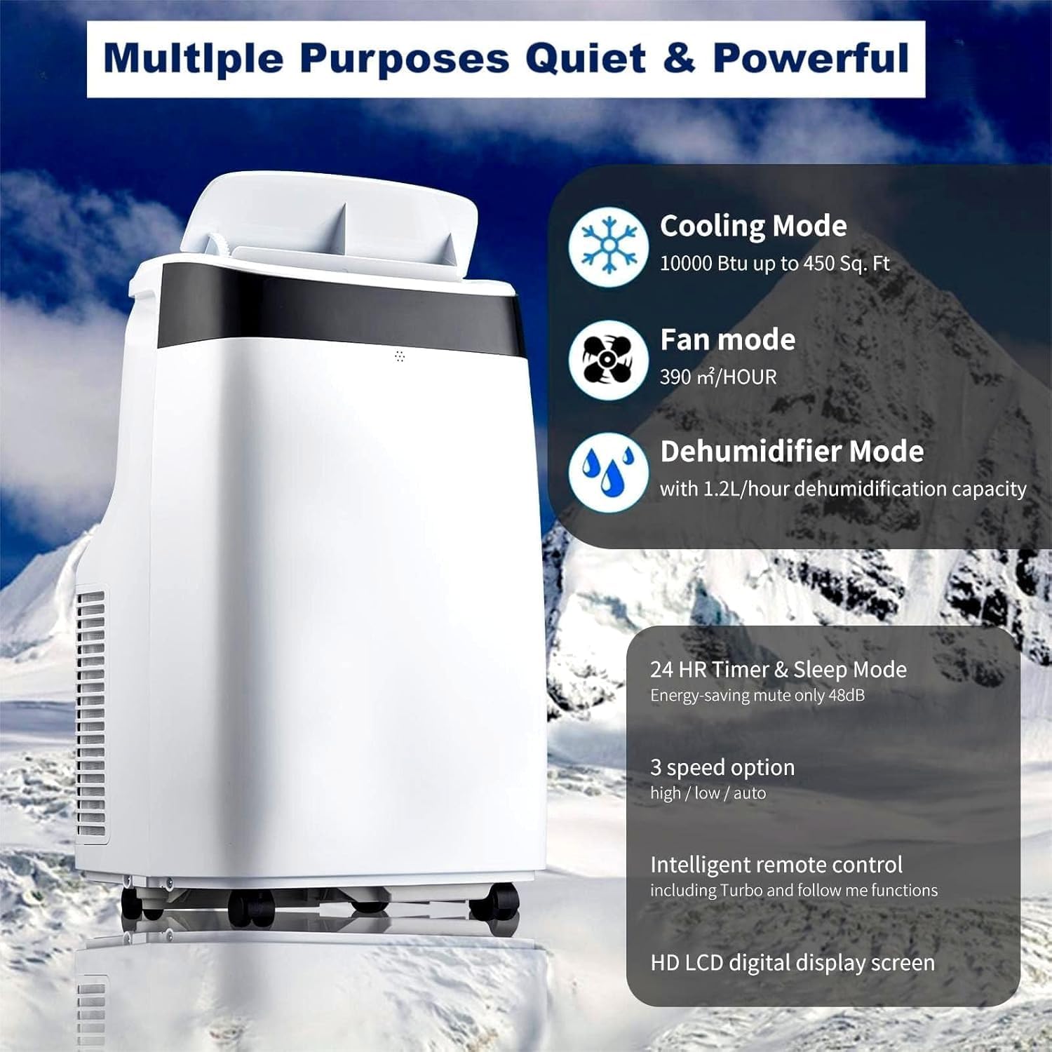 10000 BTU Portable Air Conditioner Cools Up to 450 Sq.Ft, Low Noise 52db/48db,3-In-1 Portable Ac Unit With Dehumidifier & Fan, Remote Control, 24H Timer, Sleep Mode, Includes Window Kit