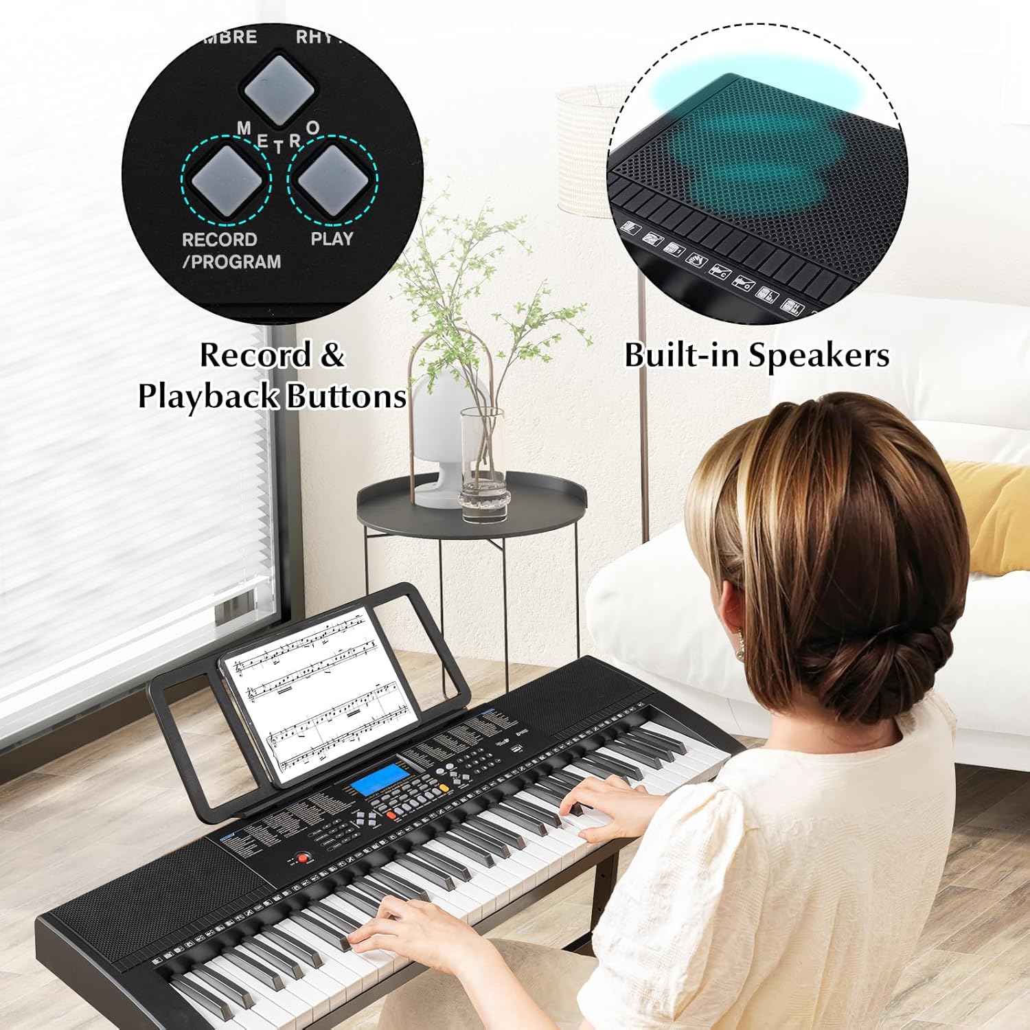 61 Key Digital Piano Keyboard, Electric Piano with Stand, Built-In Speakers, Portable Keyboard for Beginners, Adults