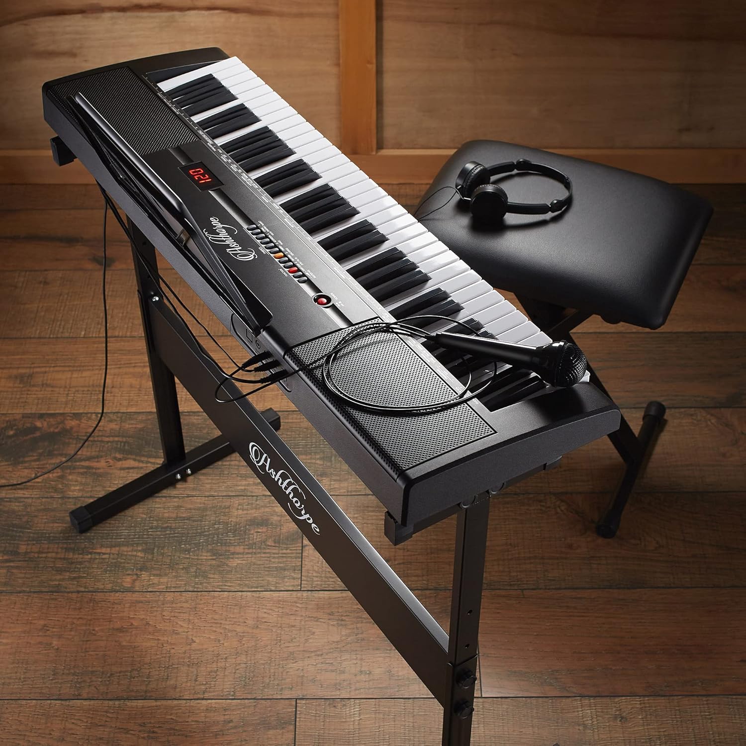 Ashthorpe 61-Key Digital Keyboard Piano with Stand and Bench, Portable Electronic Piano Keyboard Kit with Headphones, Microphone, Keynote Stickers