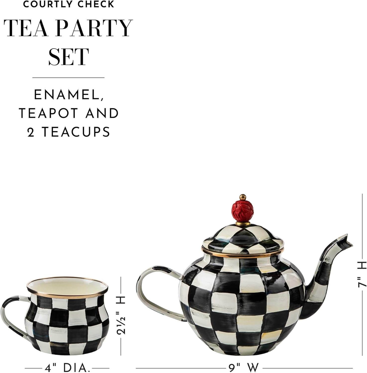 MACKENZIE-CHILDS Enamel Tea Party Set, Unique Teapot and Teacups, Tea Accessories Set, Black-and-White Courtly Check