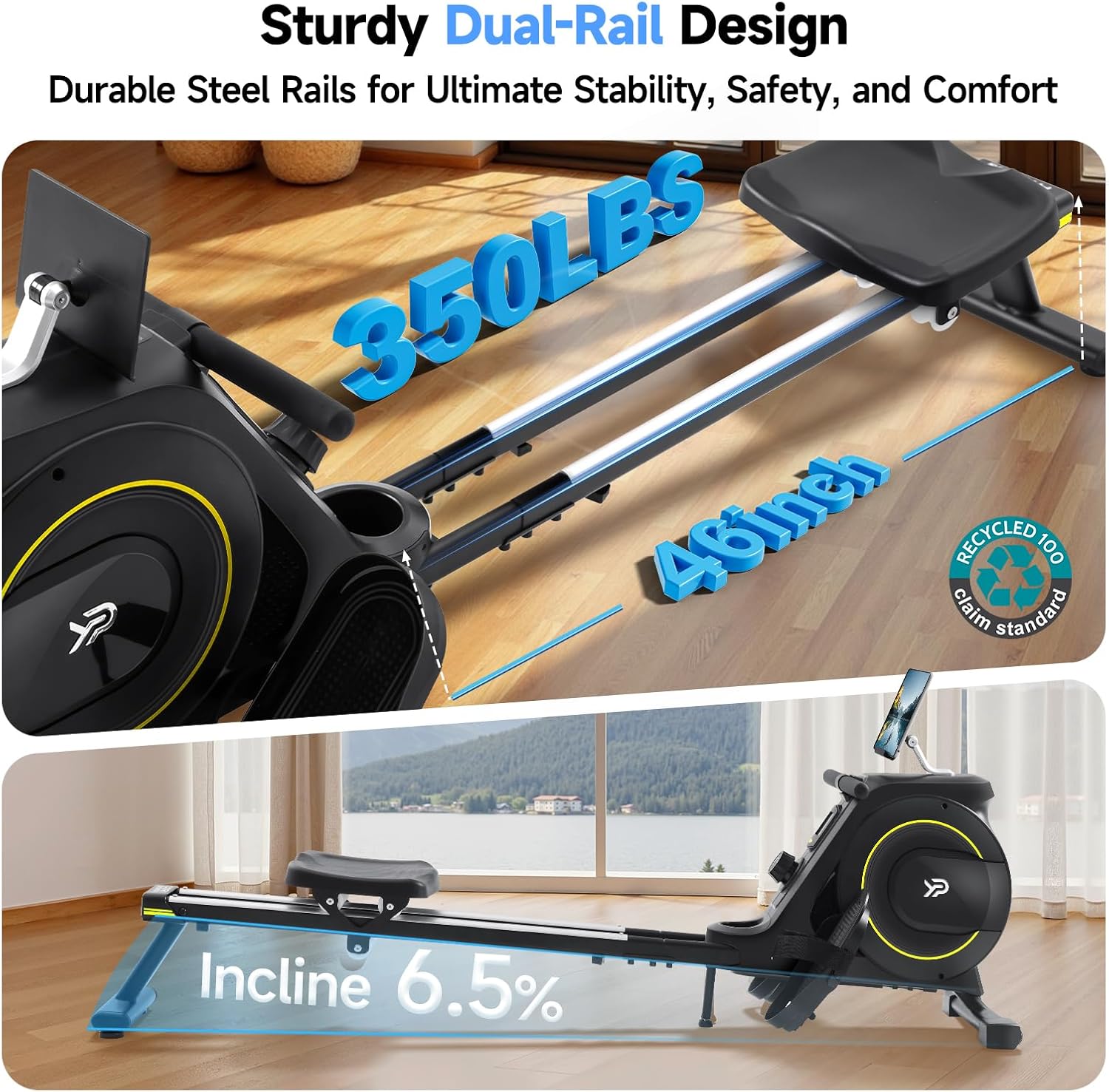 Rowing Machine for Home, 350 LB Capacity, 16-Level Silent Resistance, Magnetic Rowing Machines for Home Foldable, Full-Body Workout Compact Rowing Machine for Cardio & Strength with APP Support