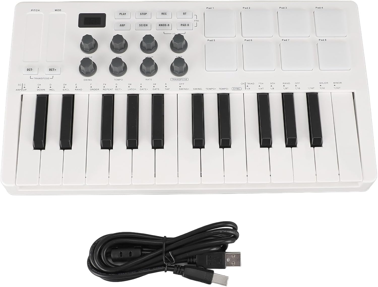 25 Key USB MIDI Keyboard Controller with 8 Backlit Drum Pads and 8 Assignable Knobs for Music Production, Rechargeable