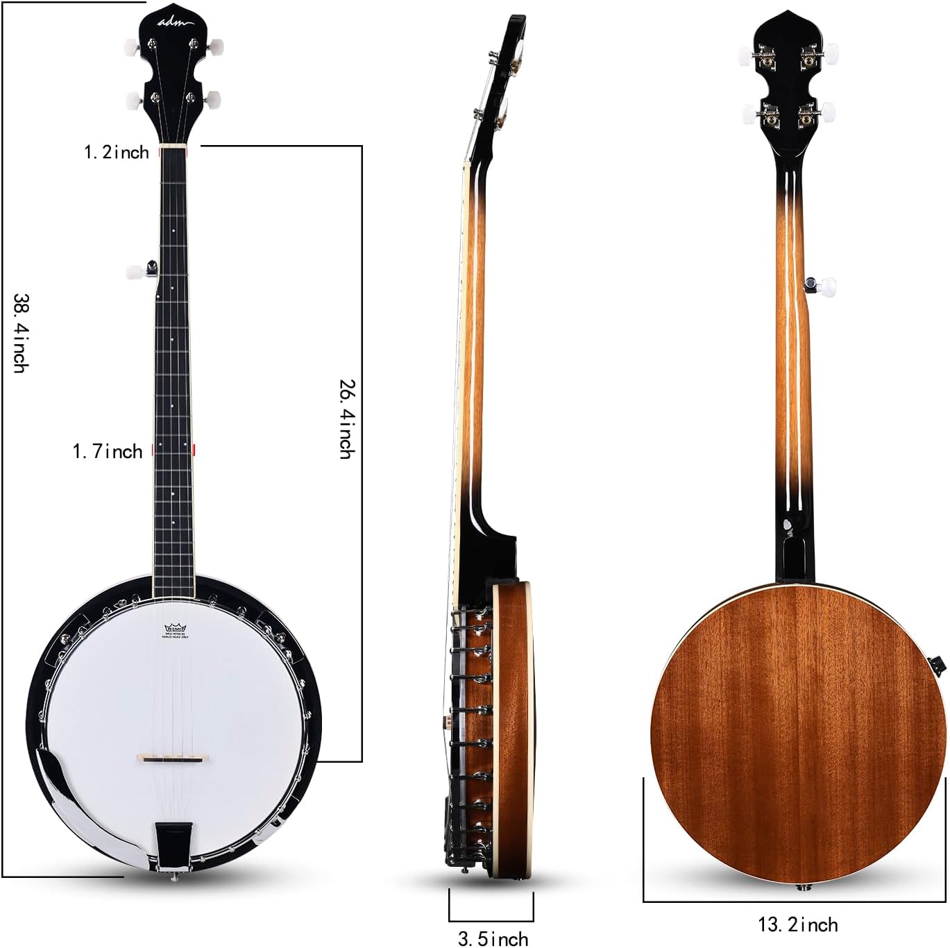 ADM Banjo 5 String Full Size Acoustic Electric Banjoes Set Remo Drum, Geared 5th Pegs Beginner Banjo Kit w/EQ Resonator Open or Closed Back, Starter Package Accessories Online Lessons for Adult,Brown