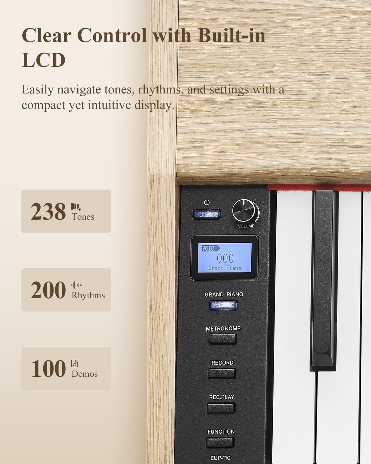 Eastar EUP-110 Digital Piano 88 Key Weighted Keyboard, Full-Size Home Electric Piano for Beginner, with Headphone, Music Stickers, Screen, 3-Pedal, Wireless Conection, Recording - Light Wood Color