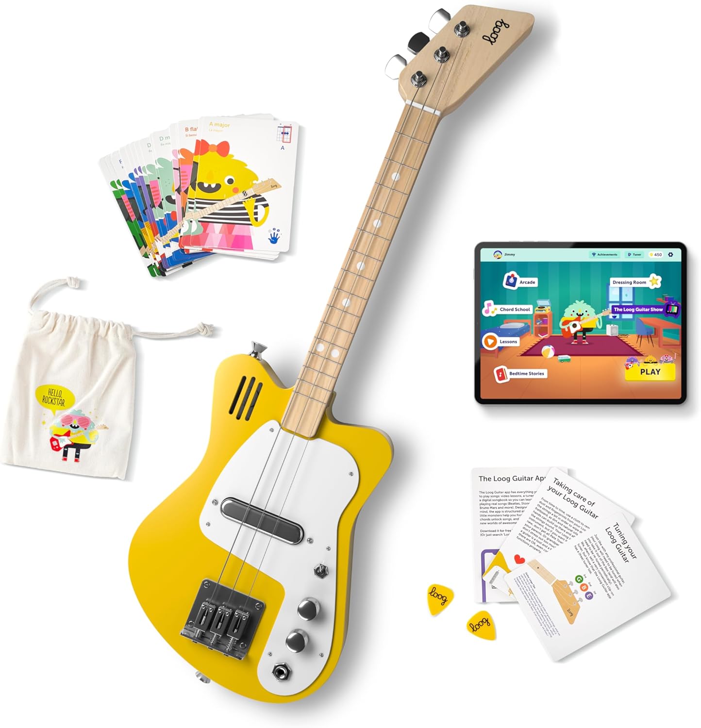 Loog Mini Electric kids Guitar for Beginners built-in Amp Ages 3+ Learning App and Lessons Included Yellow