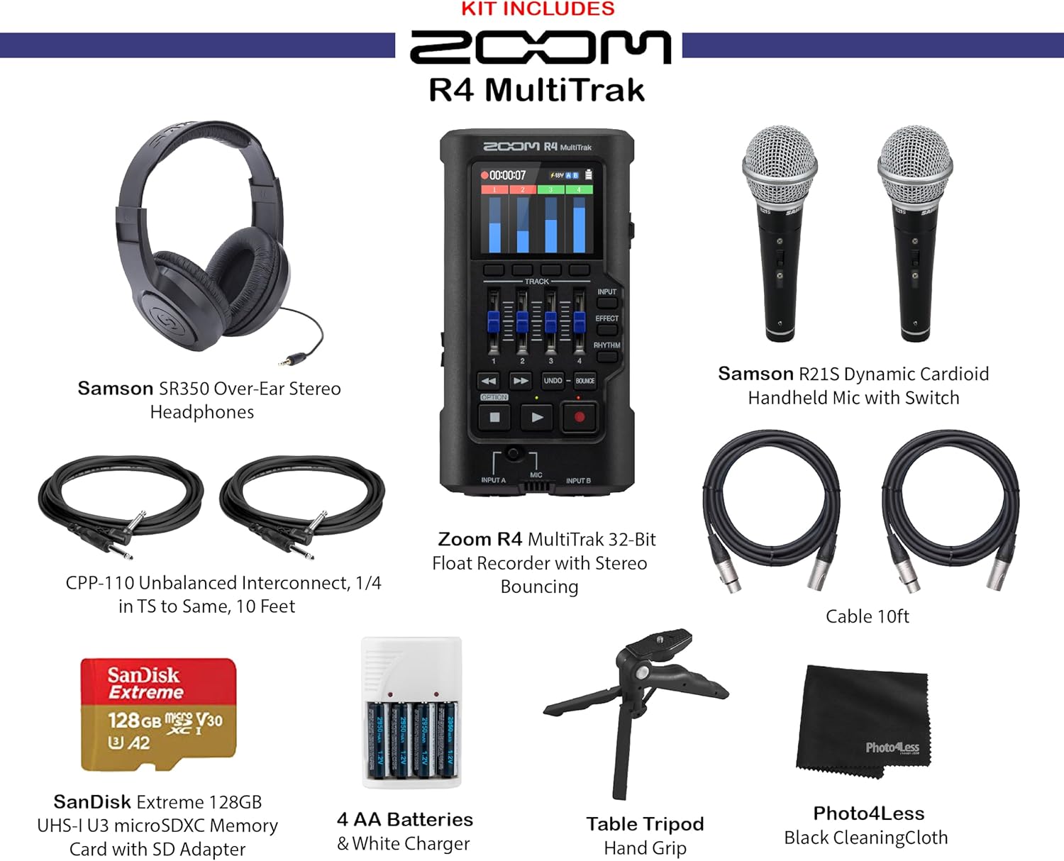 Zoom R4 MultiTrak 32-Bit Float Recorder with Stereo Bouncing Bundle with Over-Ear Stereo Headphones, Handheld Mics (2), 128GB microSDXC Memory Card, and Accessories