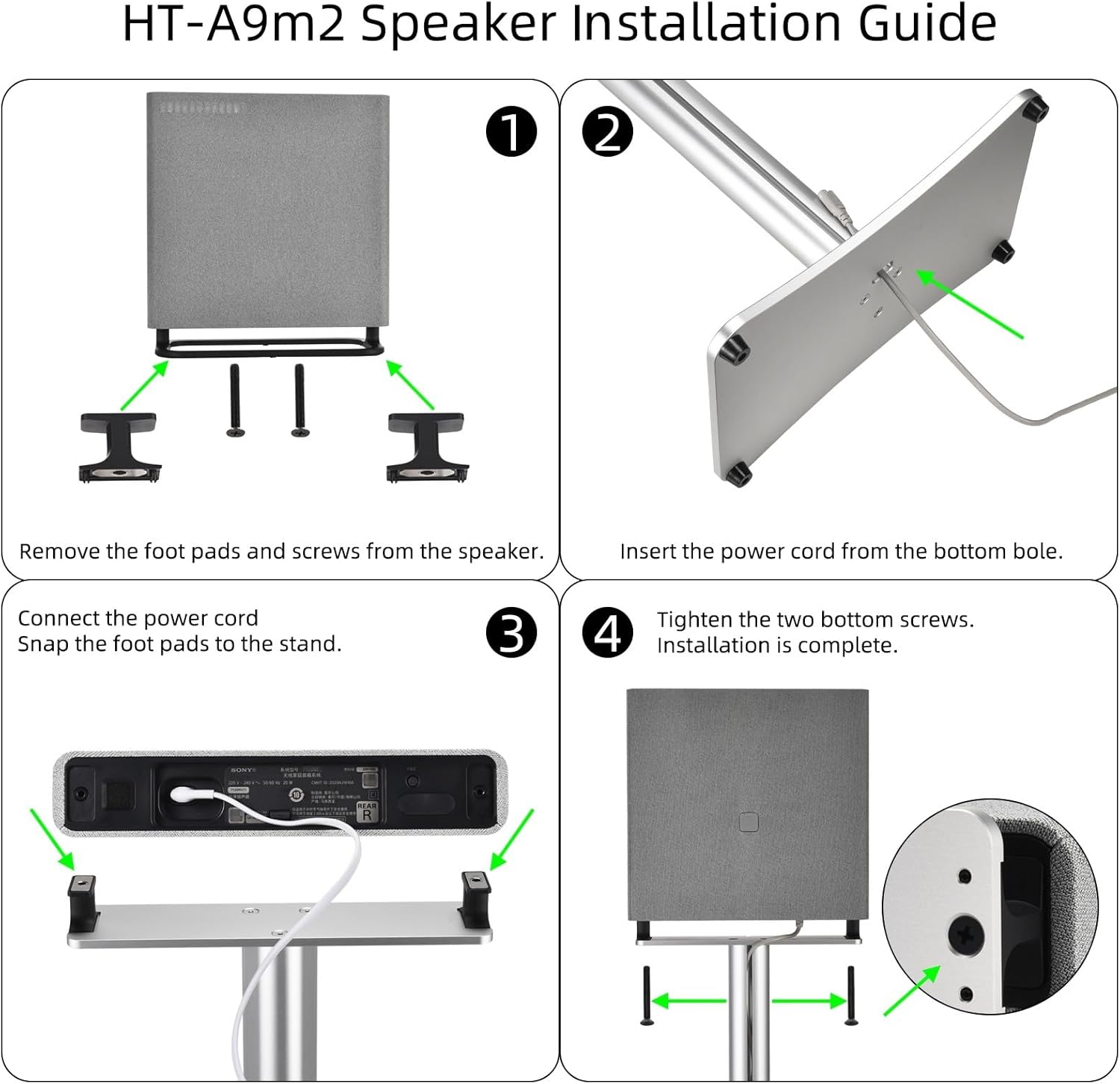 Premium Aluminum Floor Stand for Sony HT-A9M2/HT-A9/SA-RRS5,Universal Fit for Dolby Atmos Speakers, Heavy-Duty Anti-Vibration Design, Cable Management System