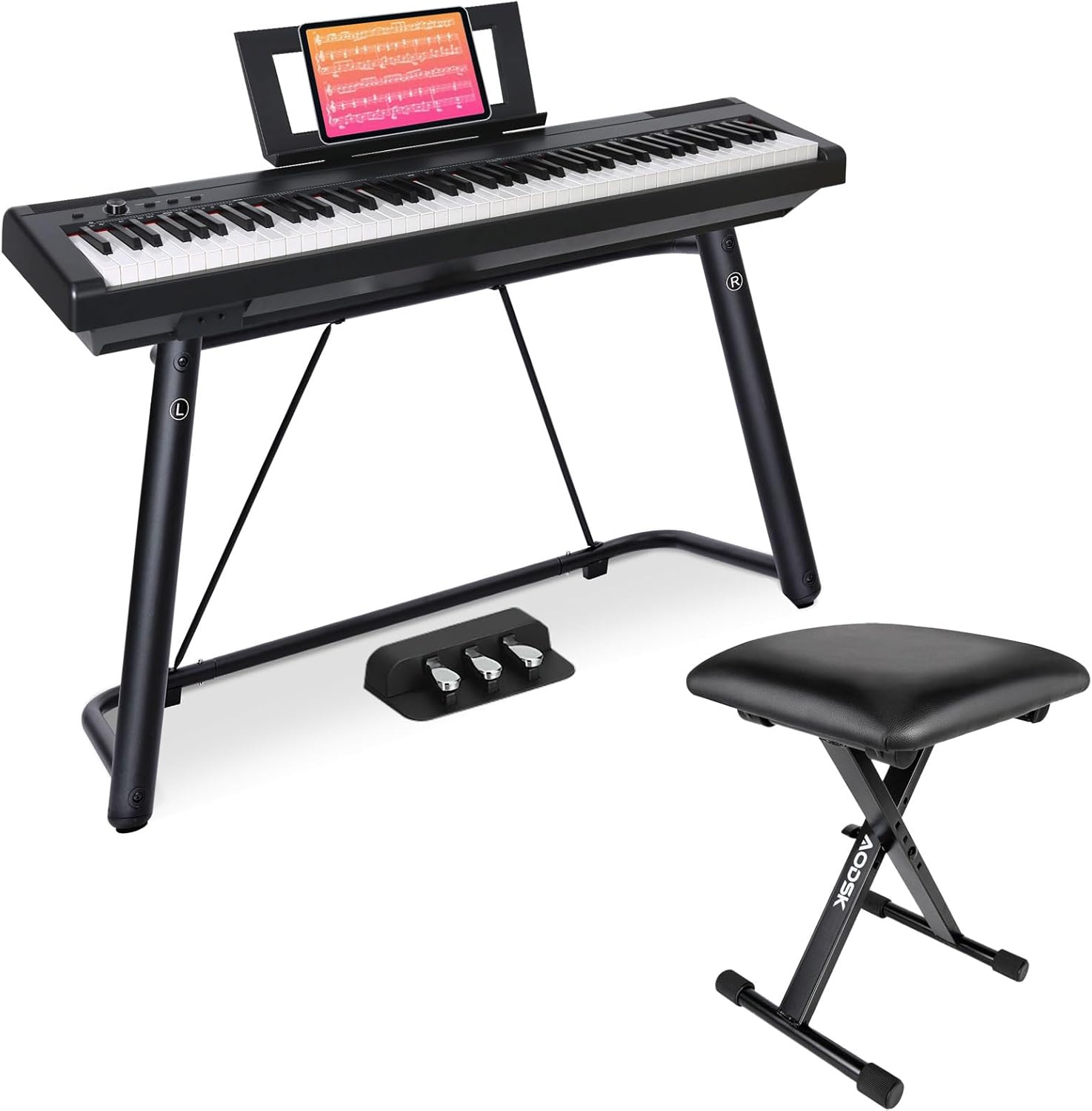 AODSK Digital Piano 88 Key Weighted keyboard Piano with Portable and stable U stand,Keyboard Bench X-Style Cushion Padded,Piano Bench