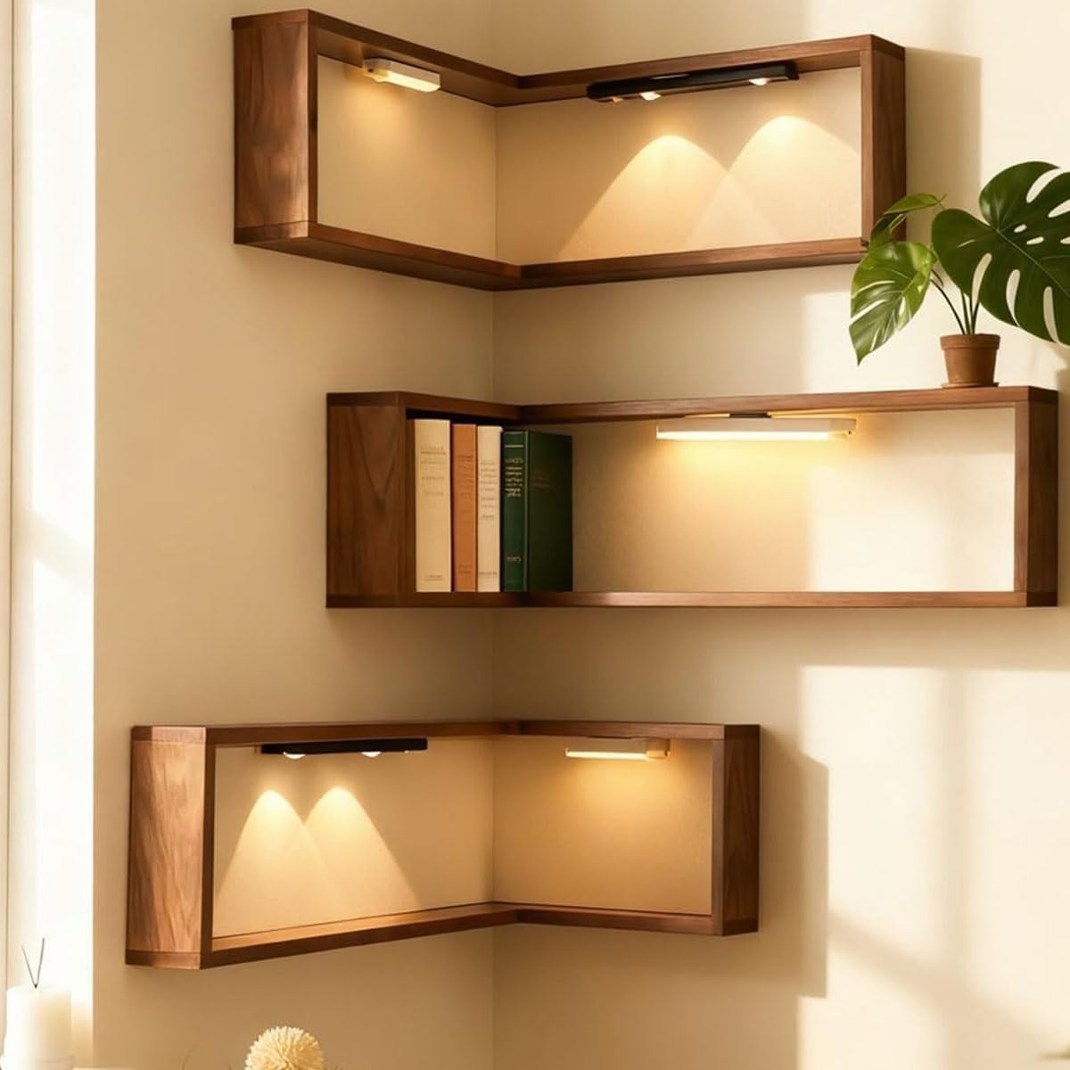 Illuminated Corner Shelf with Remote, Smart Shelves That Light up Your Space, Wooden Corner Wall Shelves with Light for Figurines and Collectibles, Modern Wall-Mounted Display Rack Stand(3pcs)
