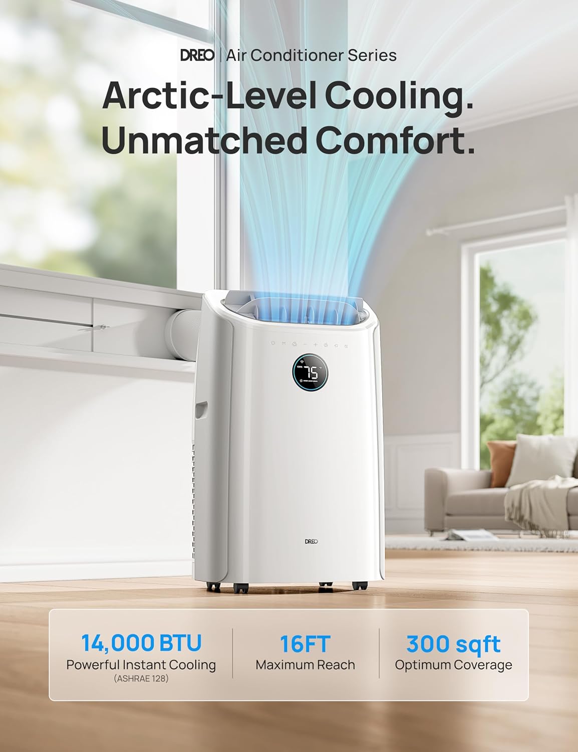 Dreo Portable Air Conditioners, 14000 BTU ASHRAE (10,000 BTU DOE) Smart AC Unit for Room with Drainage-free Cooling, APP/Voice/Remote, Fan & Dehumidifier, Quiet Standing AC for Bedroom, AC516S New