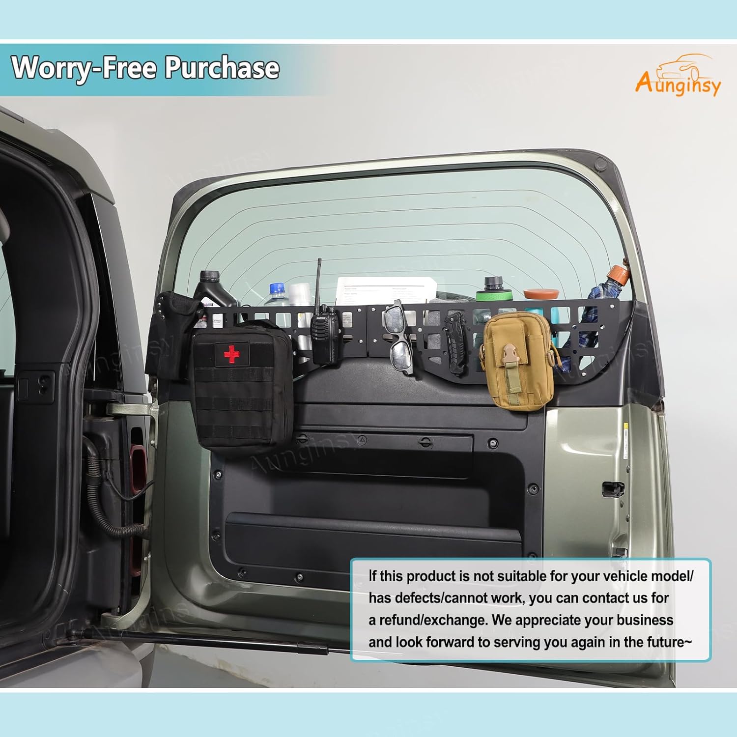 Car Rear Tailgate Window Molle Storage Panel Shelf Compatible with Land Rover Defender 90/110/130 2020-2025 2026, Rear Trunk Door Window Organizer Storage Bracket Cargo Rack Modular System Accessories