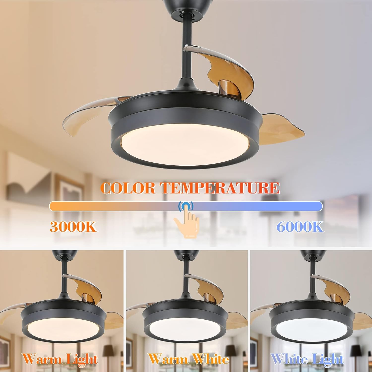 Bella Depot Retractable Ceiling Fan with Lights and Remote with 3 Color Change, Timing Options, Silent Noiseless for Dining Room Bedroom Kitchen (Classic Black, 36