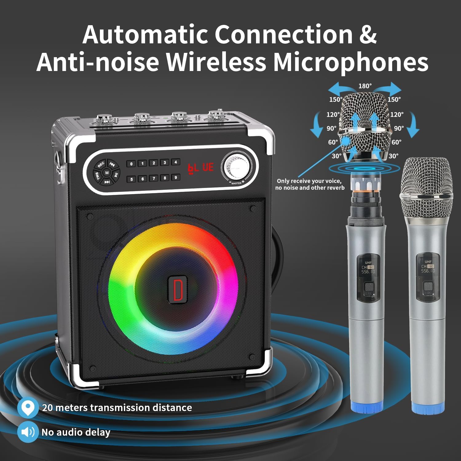 Karaoke Machine with 4 Wireless Microphones, Portable Bluetooth 5.1 Speaker for Adults Kids with LED Lights, Bass/Treble Adjustment, PA System with Remote Control, Supports FM/AUX/USB/TF for Party