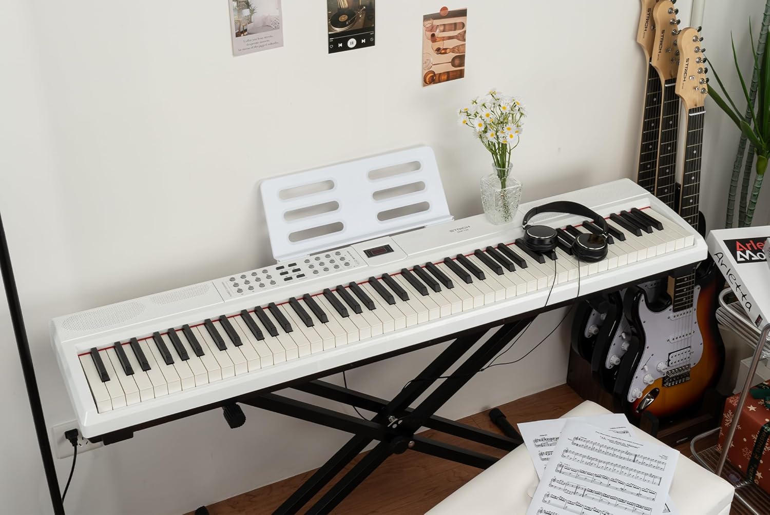 STRICH 88 Keys Weighted Keyboard with Sustain Pedal, Hammer-Action Digital Piano, 2x15W Built-In Speakers, Full-size Electric Piano Keyboard Supports USB-MIDI/Wireless Connect, White, SDP-120