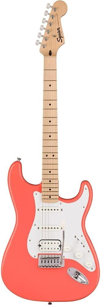 Squire Sonic Stratocaster Electric Guitar, Tahitian Coral, Maple Fingerboard, White Pickguard Bundle with Fender Logo Guitar Strap Black, Fender 12-Pack Celluloid Picks, and Gator Guitar Stand