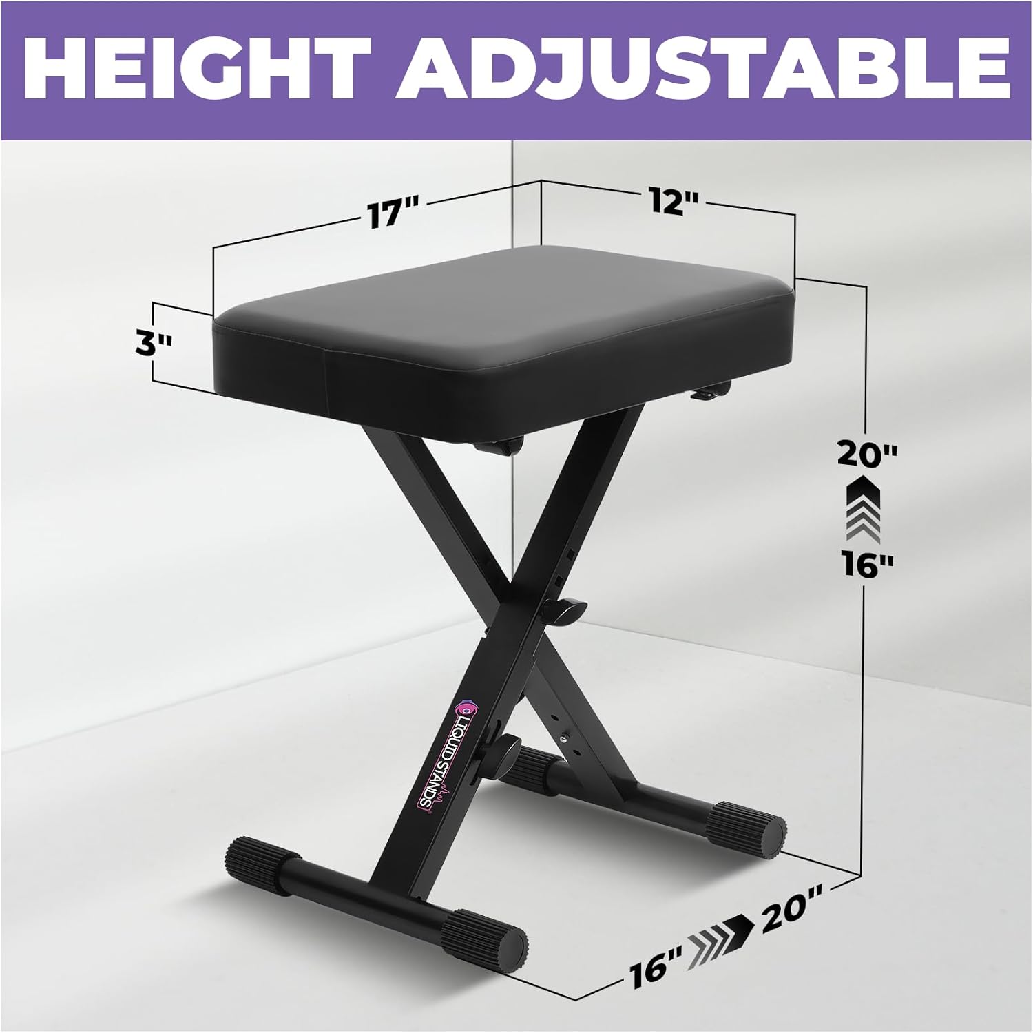 Liquid Stands Foldable Adjustable Piano Bench X-Style – Piano Seat for Musicians, Kids & Professionals – Black Cushion Padded Bench for Digital Pianos, Keyboards & Music Desks Keyboard Stool 16 x 20