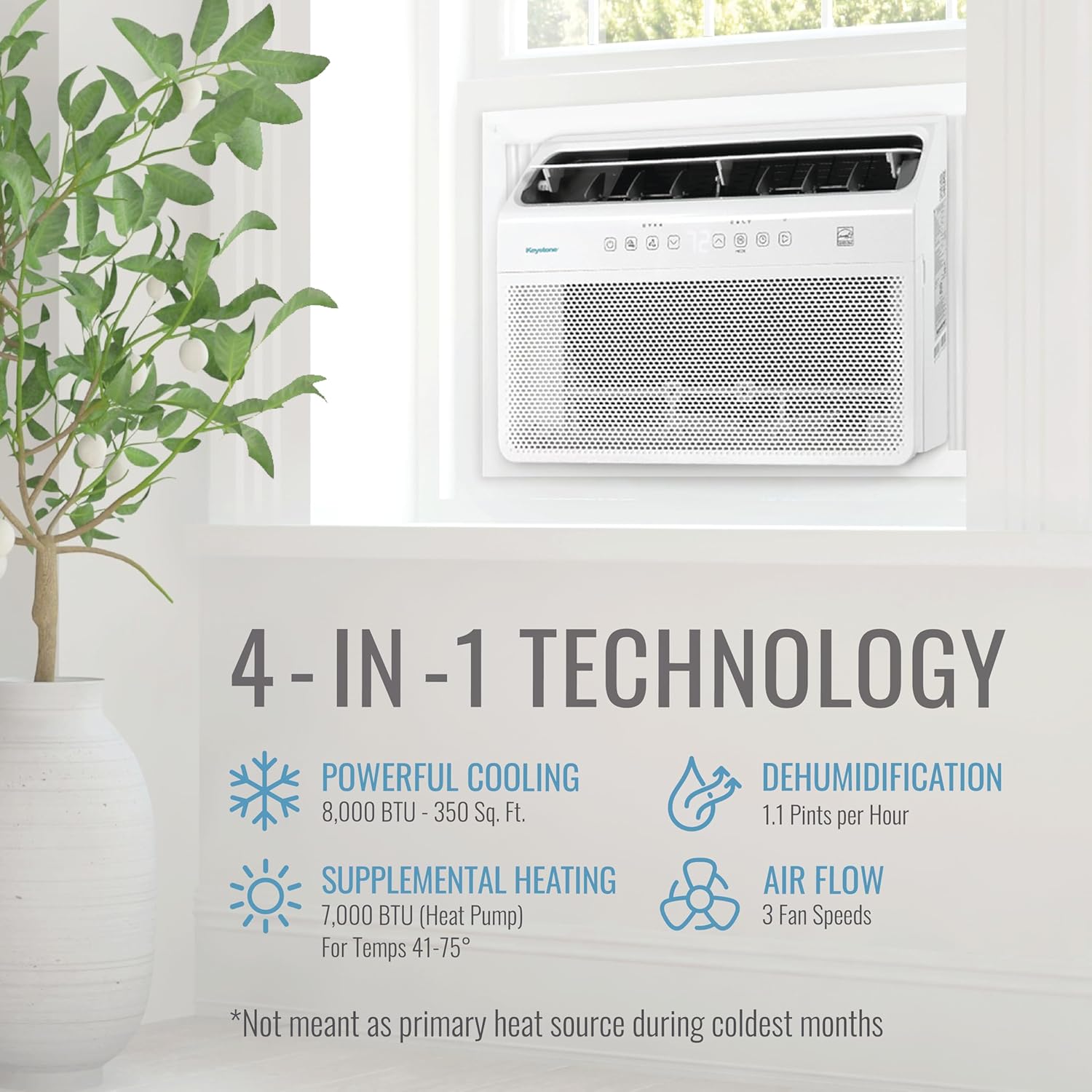 Keystone Energy Star 8,000 BTU Window Mounted Inverter Air Conditioner with Supplemental Heat, Quiet High Efficiency Window AC Unit with Remote for Apartment, Medium Rooms up to 350-Sq. Ft.