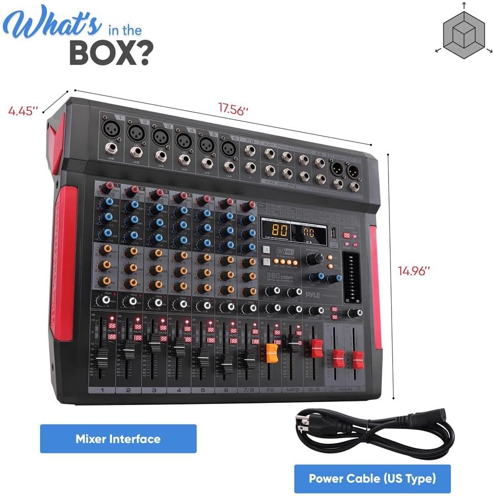 Pyle Professional DJ Audio Mixer Controller - 8Channel DJ Controller Sound Mixer w/ DSP 380 Preset Effects, Recording, USB, 6 XLR Mic/Line Input, AUX, FX Processor MP3 Player, Headphone Jack - PMX648