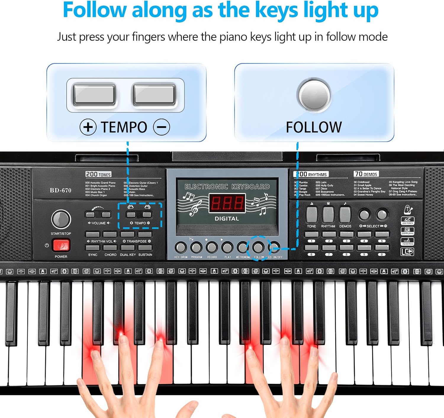 61 Key Keyboard Piano for Beginners w/Stand Bench, Dual Power Mode, Lighted Keys in Follow Mode, 70 Demos, 200 Tones/Rhythms, Pitch Bend Metronome Sustain Sync Chord Dual Key Key Drum Program