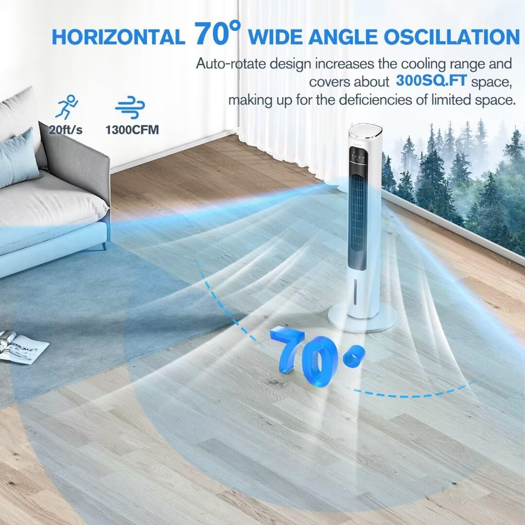 Windowless Portable Air Conditioners, 36’’ Evaporative Air Cooler w/Remote, 2.5L Water Tank & 4 Ice Packs, 12H Timer Auto-off, 70° Oscillating, Quiet Cooling Tower Fan For Bedroom Living Room Office