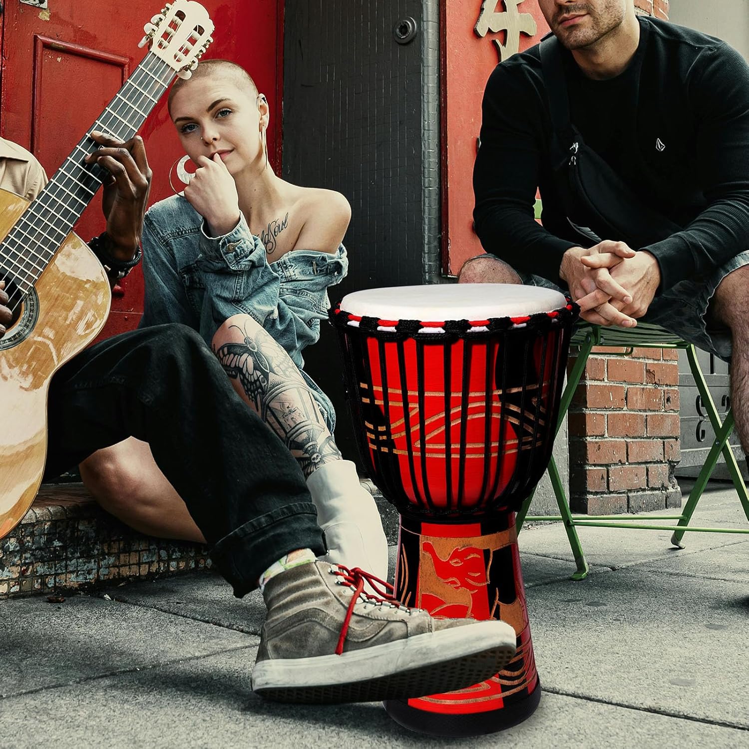 LIEKE Djembe Drum 10'' x 20'' African Drum Carved of Mahogany Goatskin Drumhead Hand Drum for Adults Beginners (Red)