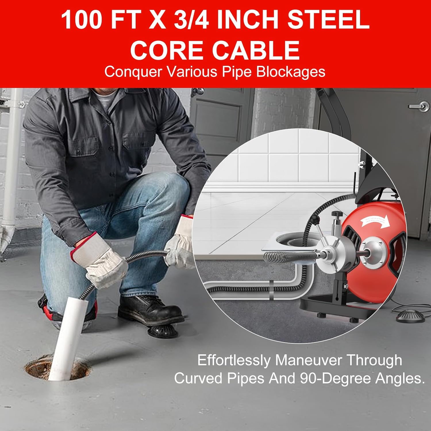 Drain Cleaner Machine, 100FT x 1/2 Inches Auto Feed Sewer Snake Auger, Sewer Snake with 4 Cutters and Pneumatic Foot Switch, for 2