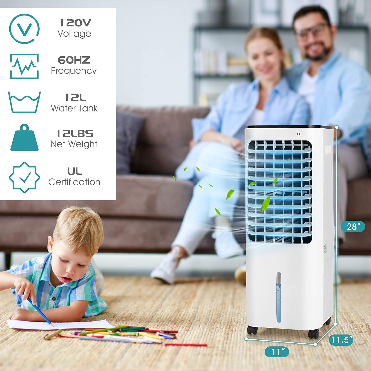 KOTEK 4 in 1 Evaporative Air Cooler W/Fan, Humidifier, Purifier, Cooling, Portable Cooler Fan W/ 4 Modes, 3 Speeds, 120° Oscillation, 0-7.5H Timer, 12L Watertank, Remote Control, 4 Icebox