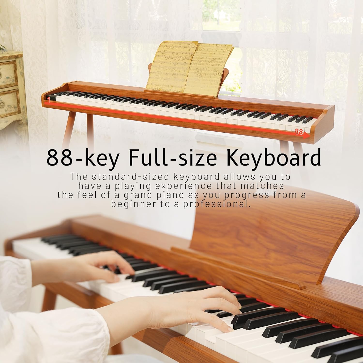 Digital Piano 88 Key Weighted Keyboard, Full-size Electric Piano for Beginners, with Triple Pedal, Sheet Music Stand,Supports USB-MIDI&BLUETOOTH Connecting, Retro Wood Color