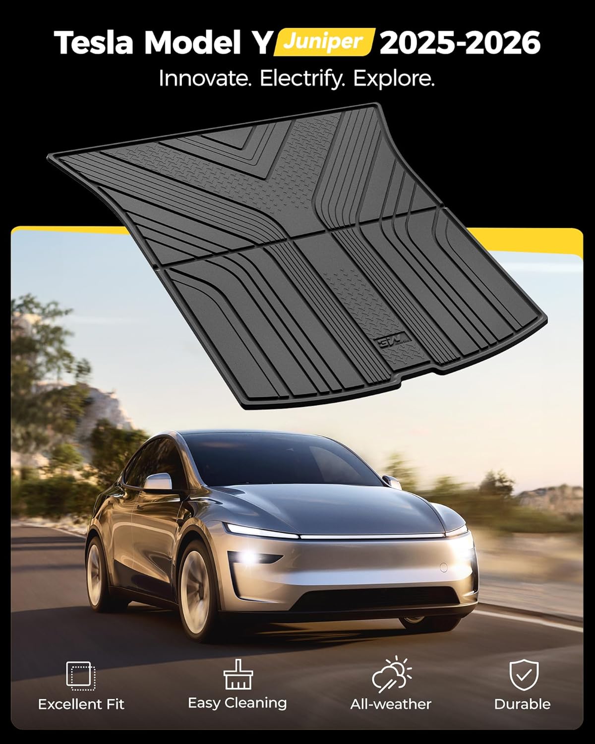 3W Tesla Model Y Juniper Cargo Liner 2025 2026, Rear Trunk Mat, 2025 2026 Model Y Juniper Accessories, TPE Anti-Slip All Weather Odorless Custom Fit