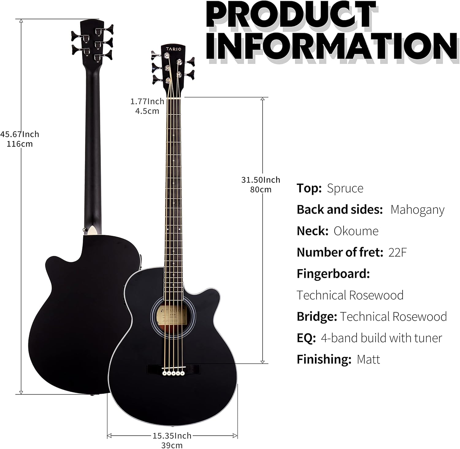TARIO 5 String Electric Acoustic Bass spruce top Mahogany back & sides (Fretted)