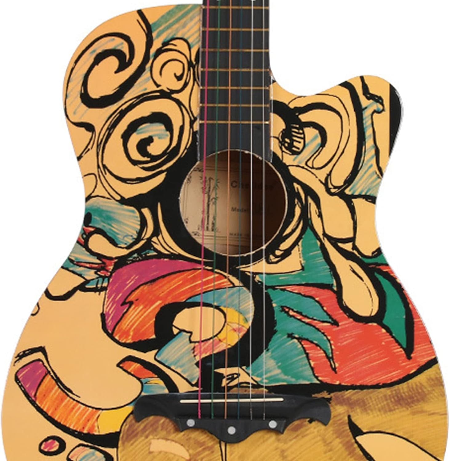 Tyenaza Wooden Guitar, Beginner Acoustic Guitar, 38in Graffiti Pattern High Density Fingerboard Acoustic Guitar for Beginner
