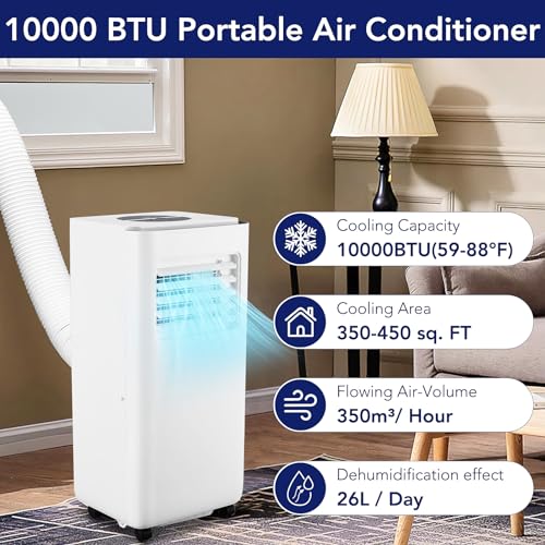 10000 BTU Portable Air Conditioner,3 In 1 AC Unit Cools 450 Sq Ft Fast,Remote 24H, Built-In Dehumidifier, Fan Mode,Window Kit Included for Bedroom Office Dorm White