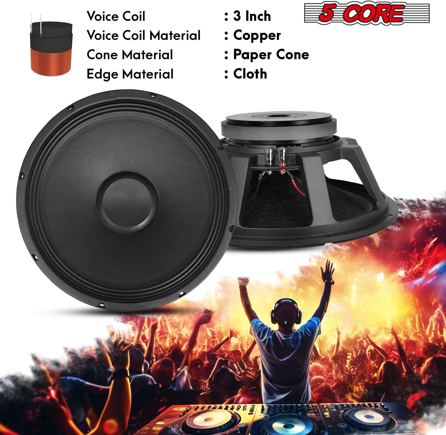 5 CORE 15 Inch Subwoofer Speaker 350W RMS Full Range PA DJ Sub Woofer Speakers 8 Ohm Deep Bass Replacement Component Subwoofers for Pro Audio Use - FR 15190 17 AL