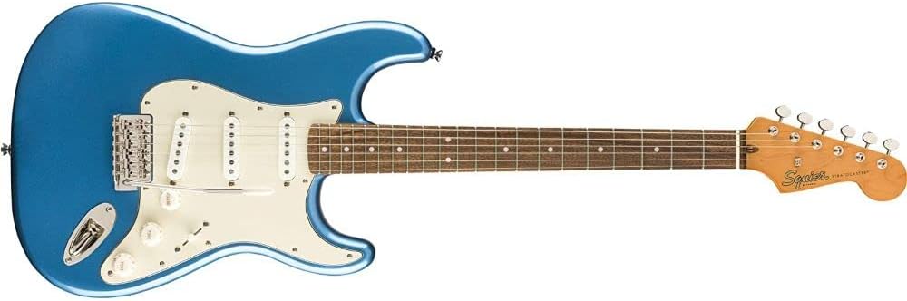 Squier Classic Vibe '60s Stratocaster Electric Guitar, Lake Placid Blue, Laurel Fingerboard Bundle with 10ft Cable, 12-Pack Picks, and 2