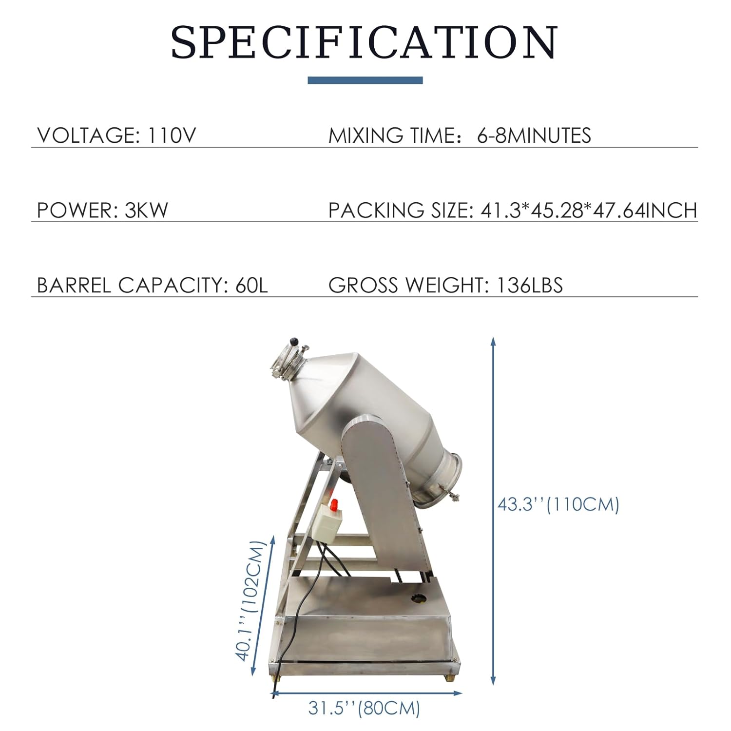 Dry Powder Mixer 60L Powder Mixer Blender Machine 360°Rotation Stainless Steel Powder Mixing Machine Granule Food Powder Drum Mixer Machine 110V 3KW