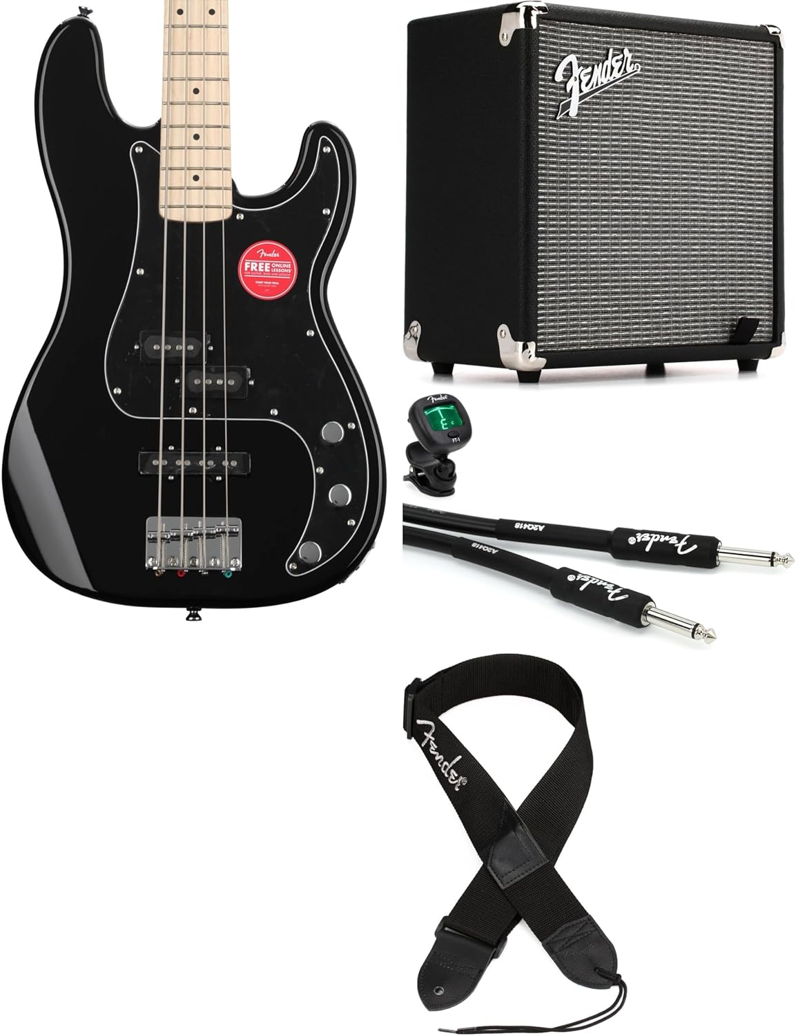 Fender Squier Affinity Series Precision Bass Bundle - Black with Maple Fingerboard, Includes Amp, Instrument Cable, Strap, and Tuner - Complete Beginner Package for Bass Guitar Players