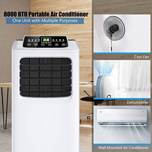COSTWAY Portable Air Conditioners, 8000 BTU Air Conditioner Unit spaces up to 230 Sq.Ft with Remote Control Dehumidifier Function Window Wall Mount, 4 Caster Wheel, Sleep Mode and 2 Fan Speed