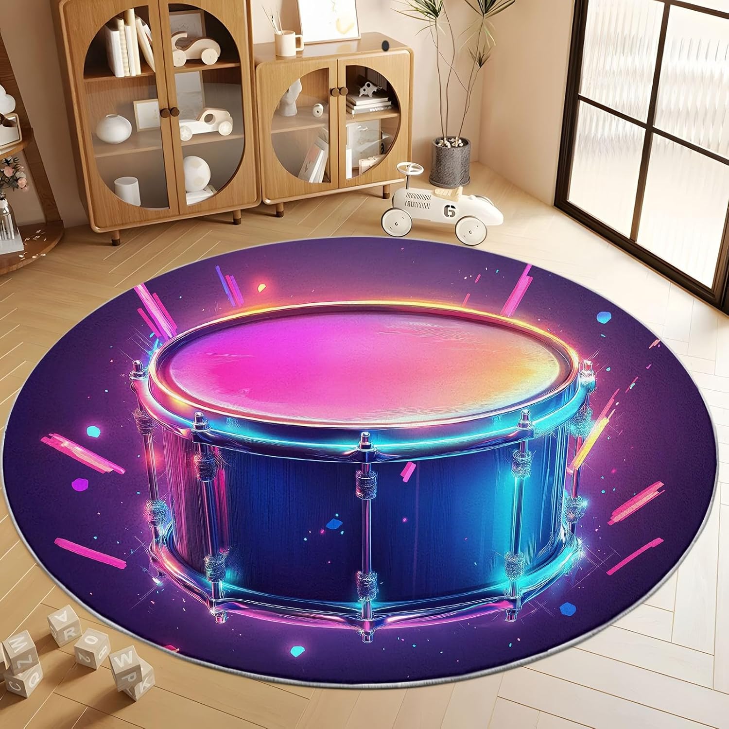 6 ft Round Area Rug for Living Room Bedroom Carpet Game Art Style Neon Drum Entryway Bedside Mat Easy Cleaning Home Decor Circle Floor Rug Music Drum Machine Washable No Slip Rugs